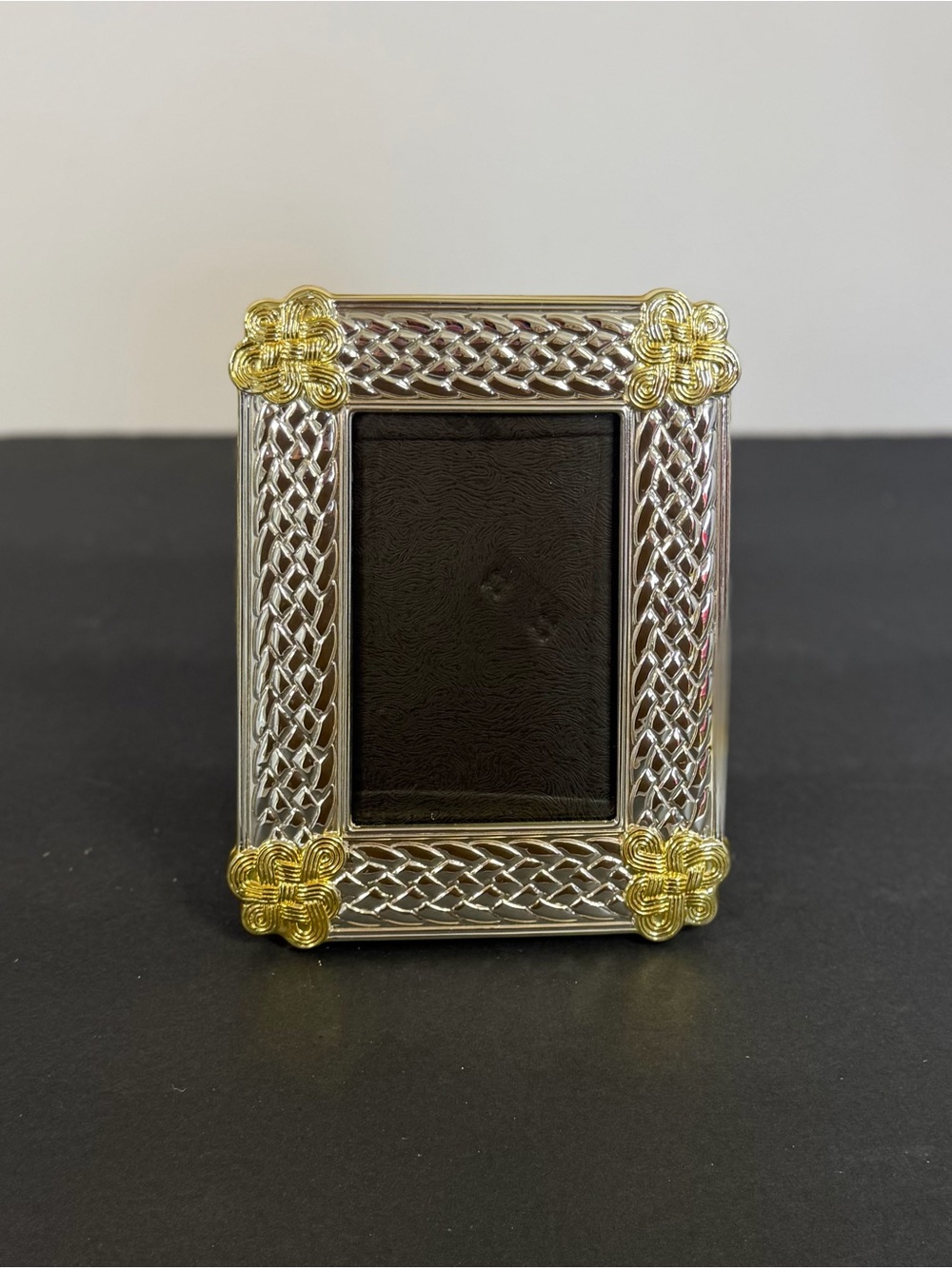 Vintage Two-Tone Silver Gold Lattice Picture Frame Celtic Knot 3x4.5 Easel